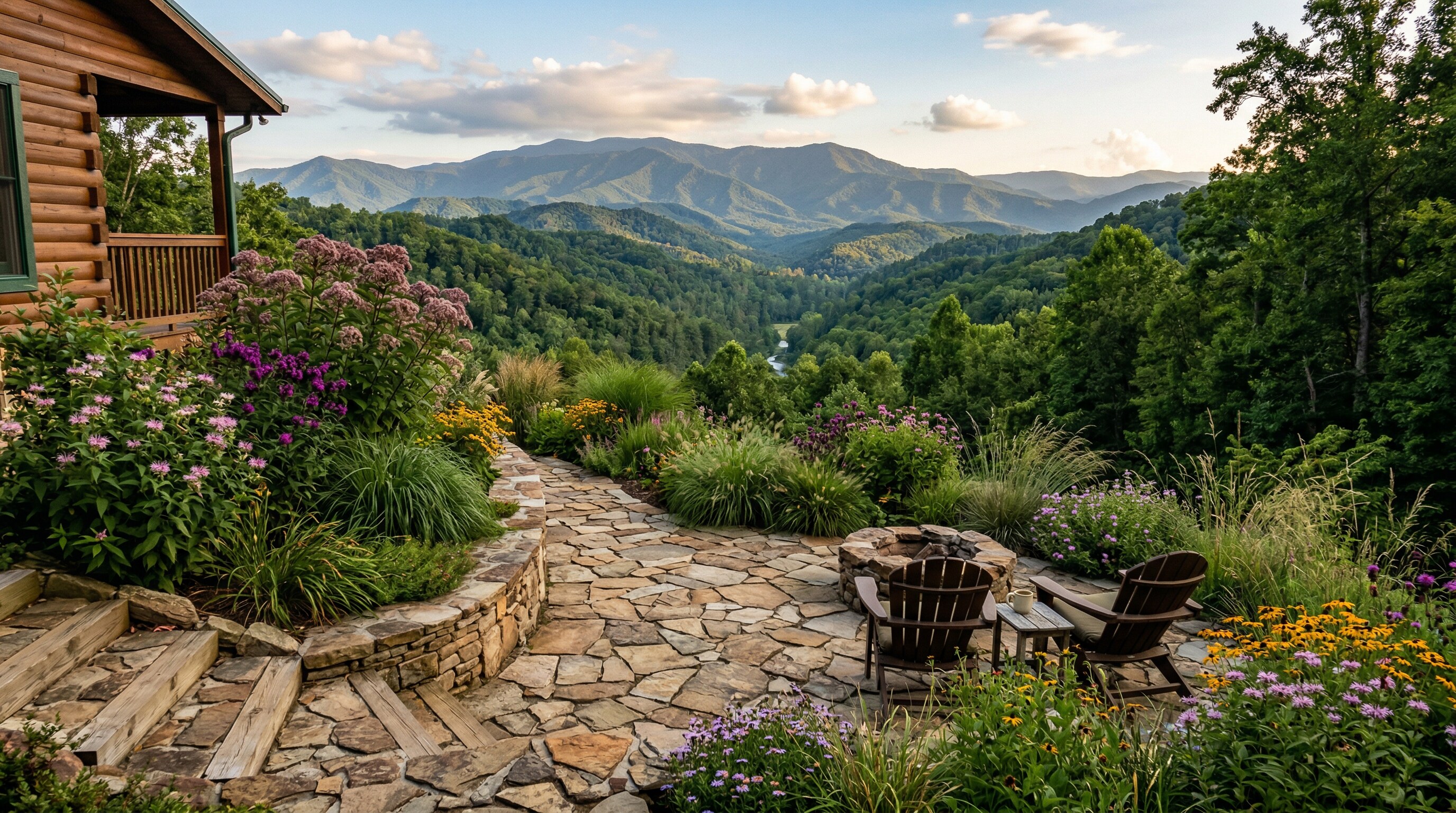 A completed Back Forty Landscapes project featuring stone patio, lush garden beds, and mature trees