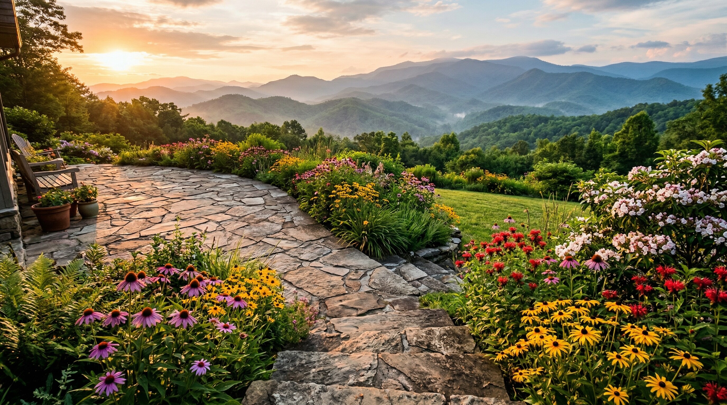 A beautifully landscaped backyard with stone pathways, flowering gardens, and mature trees in golden hour light