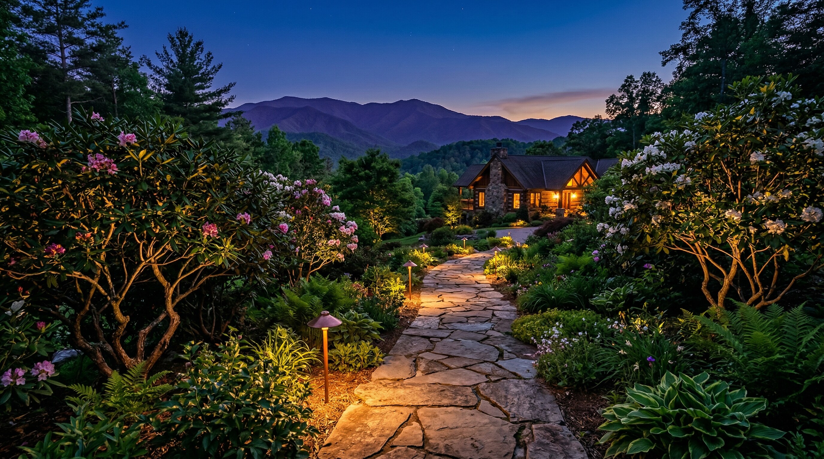 Blue-hour garden with uplights, path lights, and accent lighting on garden beds