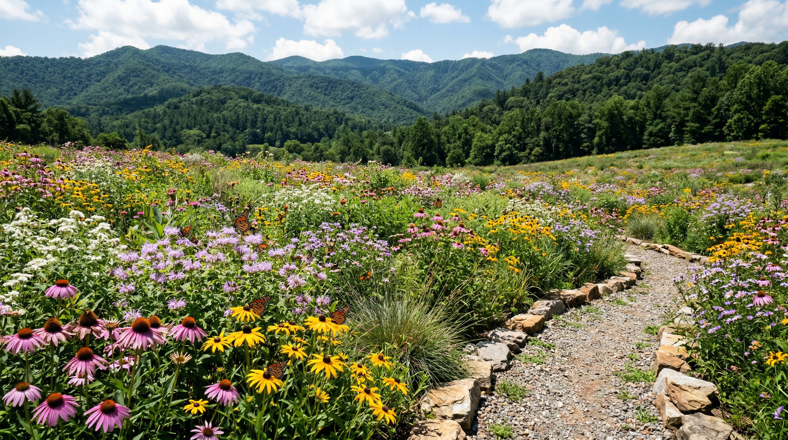 Native meadow with coneflowers, black-eyed Susans, wild bergamot, and monarch butterflies
