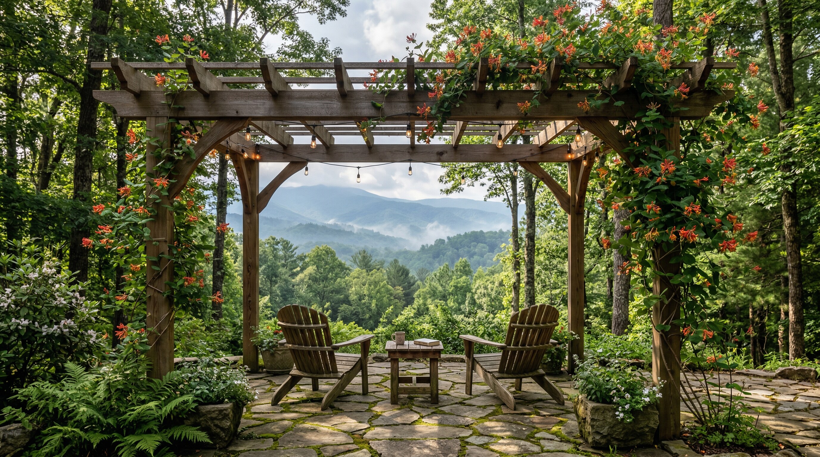 Cedar pergola draped in wisteria and climbing roses with string lights over a stone patio
