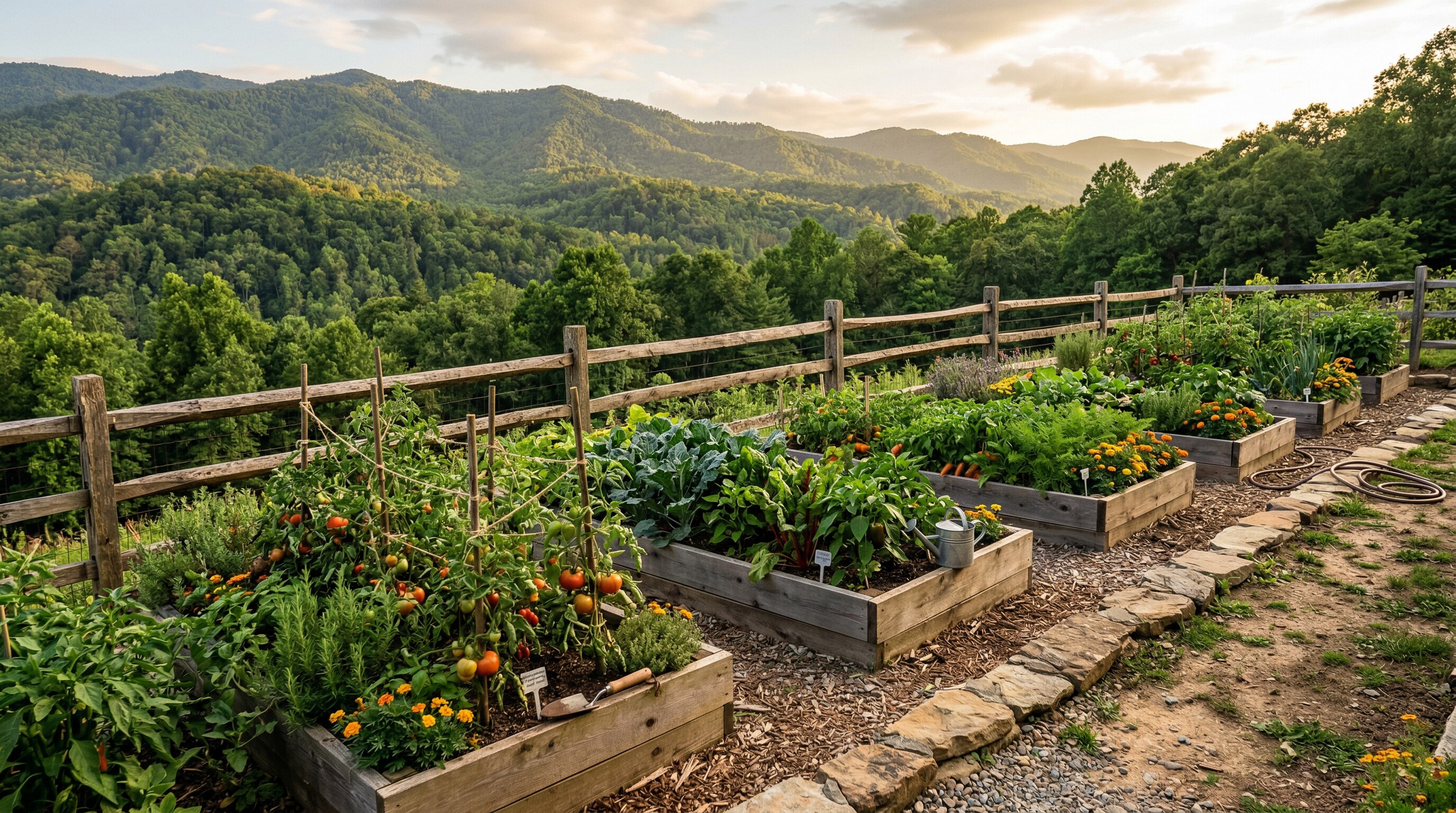 Weathered cedar raised garden beds with vegetables and herbs in a cottage-style backyard