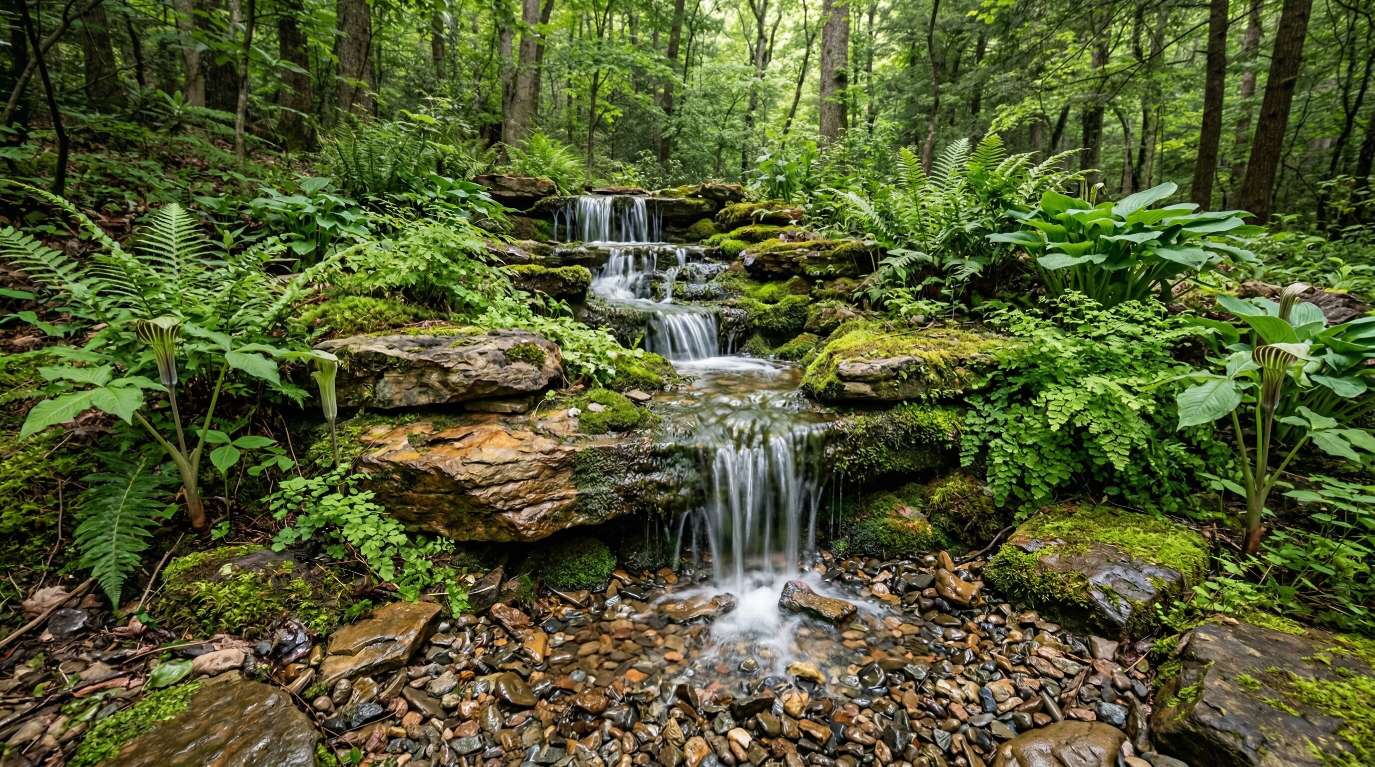 Multi-tier stacked stone pondless waterfall surrounded by ferns, hostas, and mosses