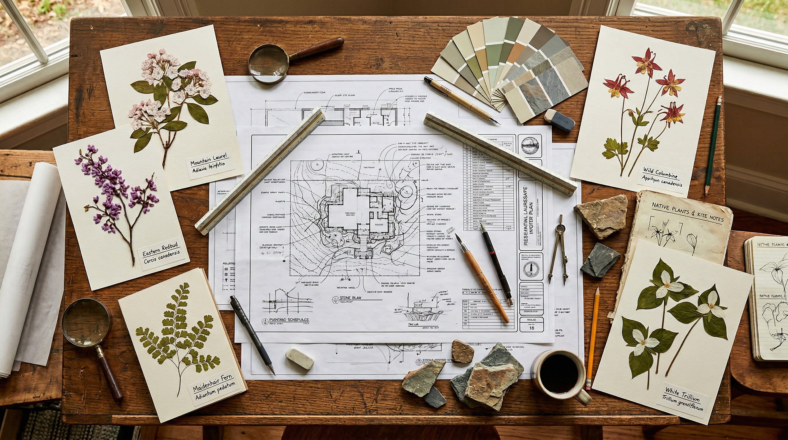 Landscape design plans on a desk with plant specimens and drawing tools